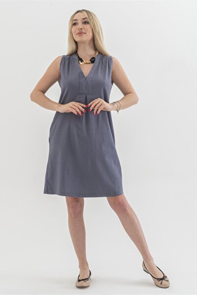 Bold & Young فستان نسائي من الليكرا القطني المغسول باللون الرمادي مع جيوب