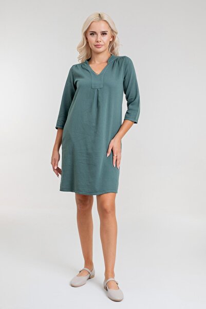 Bold & Young فستان نسائي بأكمام 3/4 مع جيوب، بدون تجعيد عند الكتف، قماش قطني منسوج، لون كاكي داكن