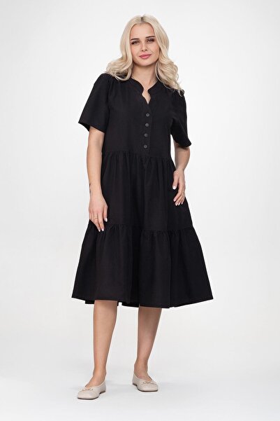 Bold & Young Дамска рокля с джобове, къси ръкави, полукопчета и набрани памучни платове, черна