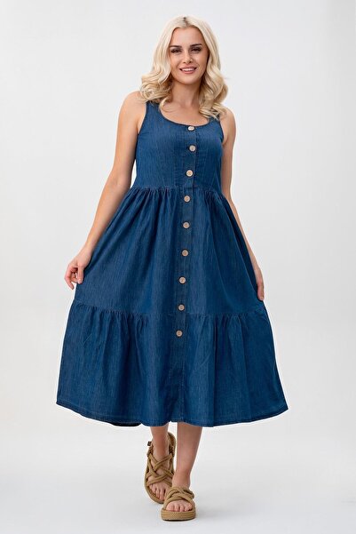 Bold & Young Kadın Cepli Büzgülü Askılı Kare Yaka Düğmeli Elbise indigo