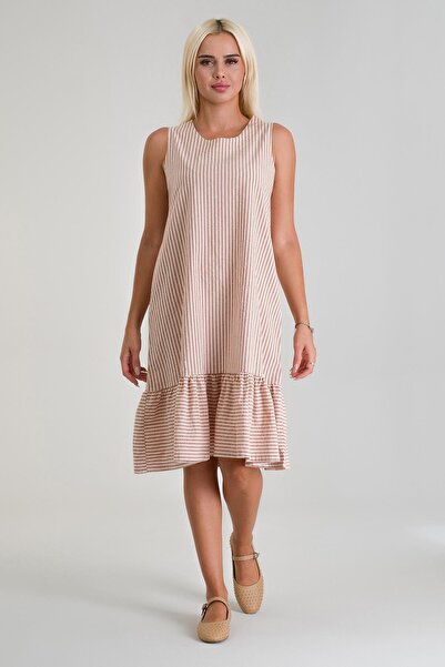Bold & Young فستان نسائي بدون أكمام من القطن المنسوج مع حواف مخططة وجيوب مطاطية، لون برتقالي مع خطوط إكرو