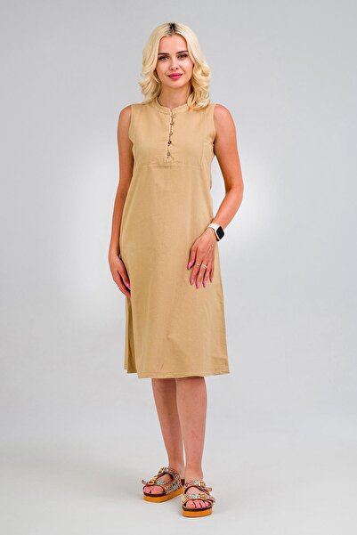 Bold & Young فستان نسائي من القماش القطني بدون أكمام بياقة رفيعة وجيوب باللون البيج