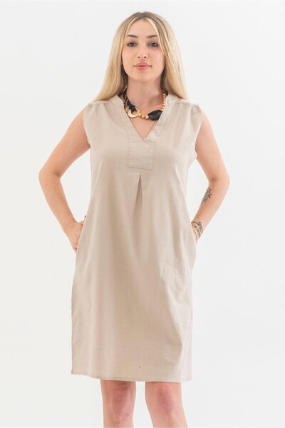 Bold & Young Pocketed Washed Cotton Stretch Fabric Dress Beige