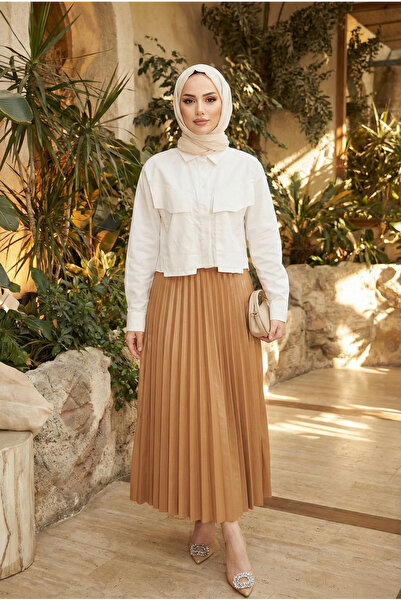 Miyalon Leather Look Pleated Turtle Skirt with Elastic Waist