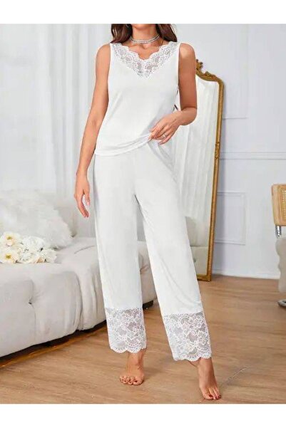 BLACK Women's White Lace Trimmed Set Viscose Pajama Set B V