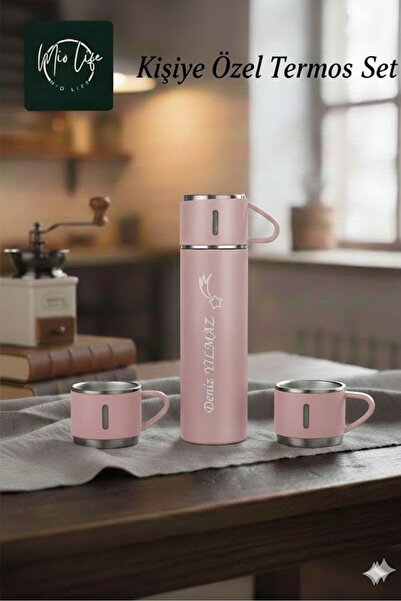 Mio Life Kişiye Özel Paslanmaz Çelik Termos 500 ml - 3 Bardaklı Hediyelik Termos Seti