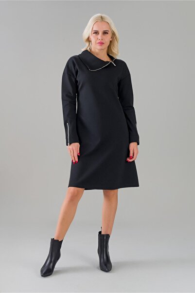 Bold & Young Kadın Siyah Renk Fermuarlı Şal Yaka Uzun Kollu Cepli Elbise