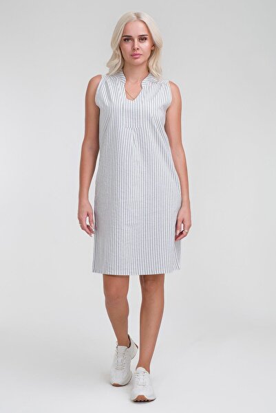 Bold & Young Rochie de damă din bumbac țesut cu aspect de in, cu dungi, cu buzunare, albastru ecru cu dungi