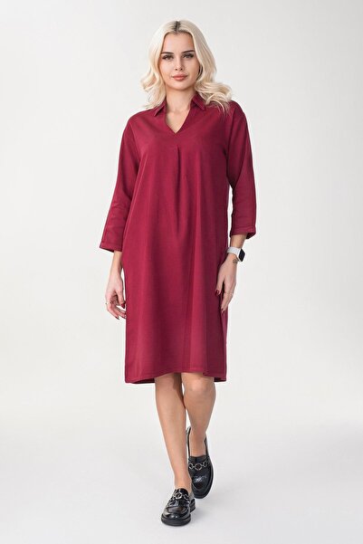Bold & Young Women's Casual Woven Fabric Dress with Collar and Pockets, 3/4 Sleeves, Non-Shrinkable, Burgundy