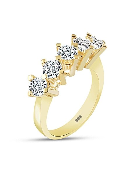SARIASLAN Pırlanta Kalitesinde 925 Ayar Gümüş Beştaş Gümüş Yüzük Açık Gold Renk