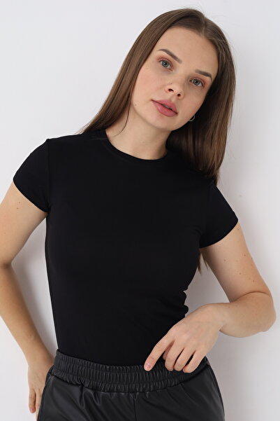 SIR İç Giyim المرأة السوداء قصيرة الأكمام طاقم الرقبة الجسم