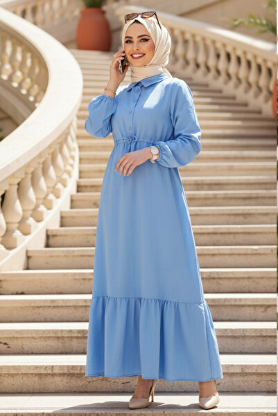 Neva Style Baby Blue Hijab Dress with Flounce Hem 23181BM