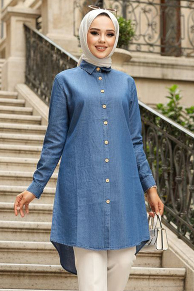 Neva Style تونيك جينز حجاب بأزرار باللون الأزرق الداكن - 11692L