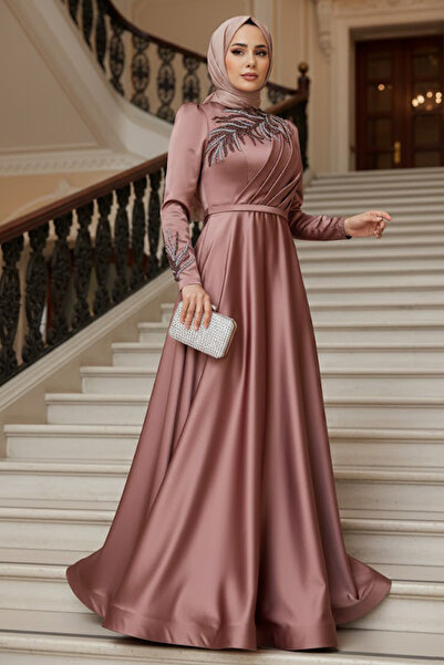 Neva Style فستان سهرة من الساتان النحاسي المطرز بالخرز 22401BKR