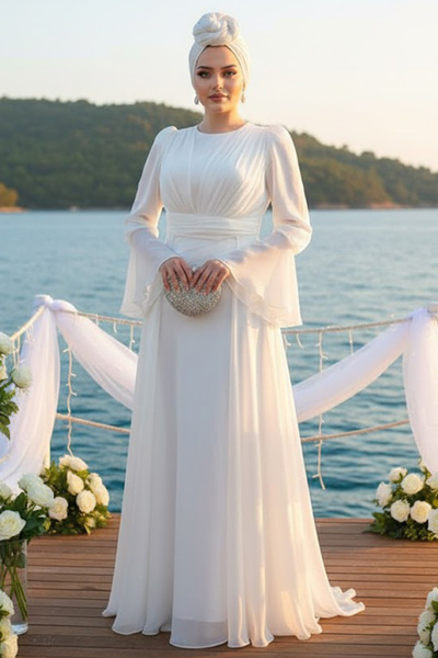 Neva Style - Бяла, изработена по поръчка, скромна вечерна рокля 4986B