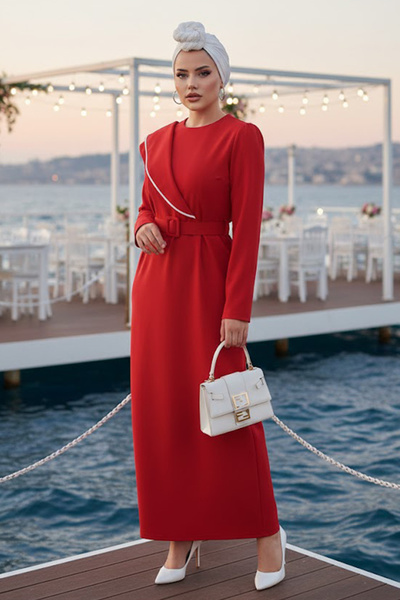 Neva Style فستان سهرة حجاب أحمر مع حزام بإبزيم 664K