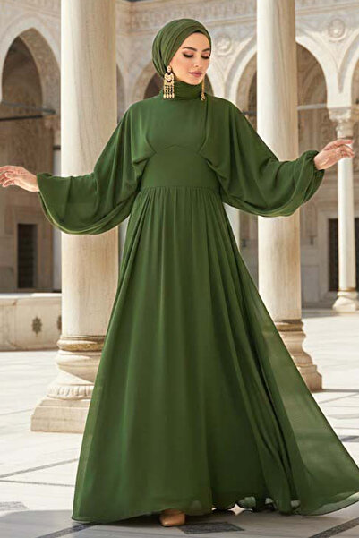 Neva Style Βραδινό φόρεμα με μανίκια μπαλόνι χακί τσακάκι 60681HK