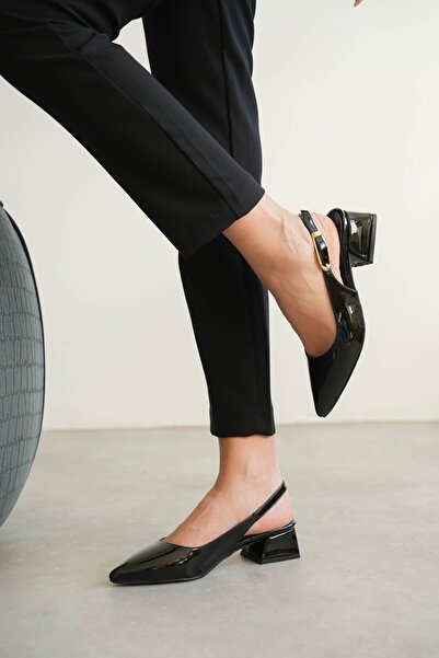 MODAADAM Kadın Mely Tokalı Kısa Topuklu Ayakkabı - siyah-rugan