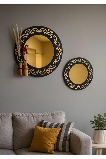 Nera Tasarım Altın Desenli Ahşap Yuvarlak Duvar Aynası - Dekoratif Saksılı Du...