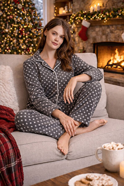 nisaNCa Set de pijamale de Anul Nou cu nasturi din lână și perle de pluș Winter Welsoft „Textură mătăsoasă”