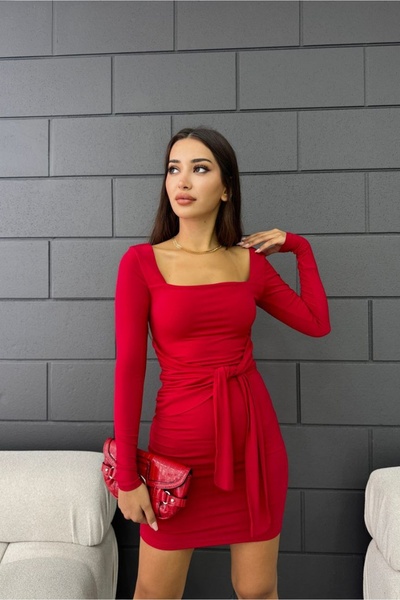 Fav Style Rochie mini de damă, cu guler pătrat, mânecă lungă și detaliu cu și...