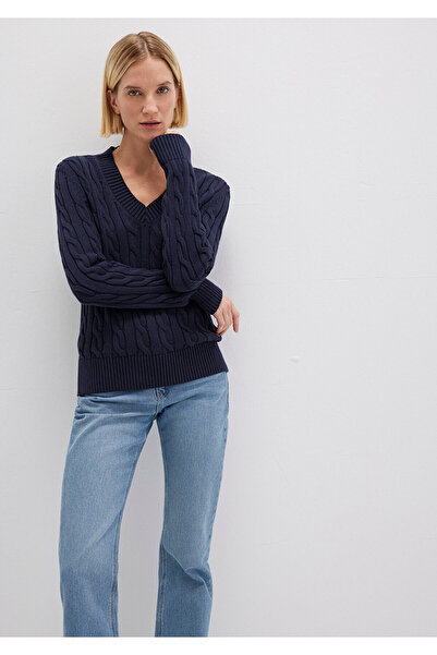 Mavi Pulover cu decolteu în V din amestec de mătase bleumarin S slim fit / Slim K croială 1710720-89101