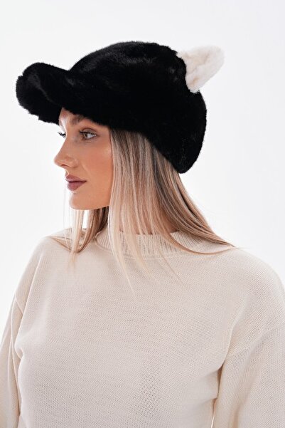 Mustran Suyutti Lüks Unisex Siyah Kürk Siperli Şapka - Ayıcık Kulaklı Peluş Beyzbol Kep