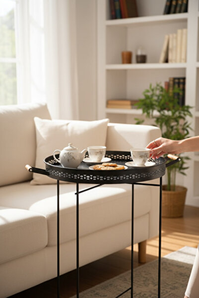 3K HOME Metal Geniş Tepsili Katlanır Sehpa Siyah