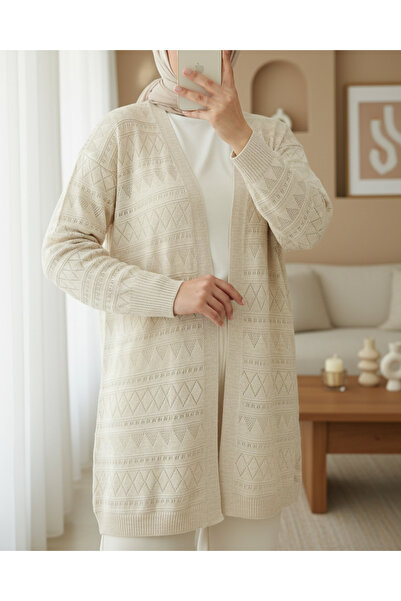 Modamorfo Mixed Patterned Openwork Knitwear Cardigan - Stone