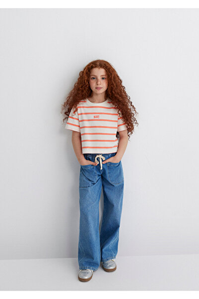 Mavi Orange gestreiftes, bedrucktes Crop-T-Shirt mit Logo, lockere, entspannte Passform