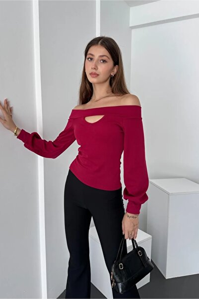 Fav Style بلوزة نسائية ذات رقبة قارب وأكمام طويلة ومفصلة باللون العنابي