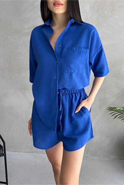 Fav Style قميص Aerobin كتان نسائي بأكمام قصيرة وسروال قصير بدلة ساكس باللون ا...