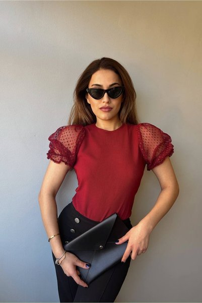 Fav Style Kadın Bisiklet Yaka Kısa Tül Kollu Bluz Bordo