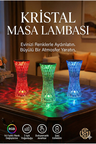 sonx Kristal Masa Lambası Rgb Renk Değiştiren Gece Lambası 16 Renk Ve 4 Mod D...