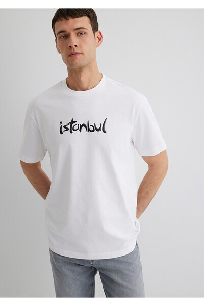 Mavi İstanbul Baskılı Beyaz Tişört Loose Fit / Bol Rahat Kesim 0613002-620