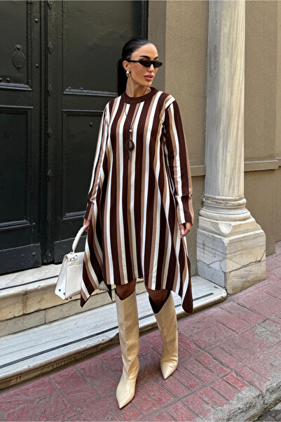 Fav Style Rochie de damă cu decolteu rotund, cu mâneci lungi, cu tiv asimetri...