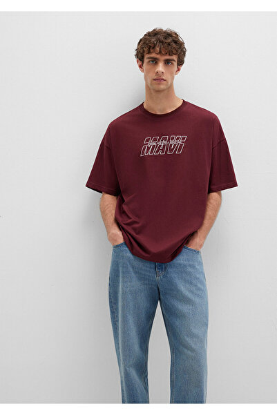 Mavi Baskılı Bordo Tişört Oversize / Geniş Kesim 0611827-70396