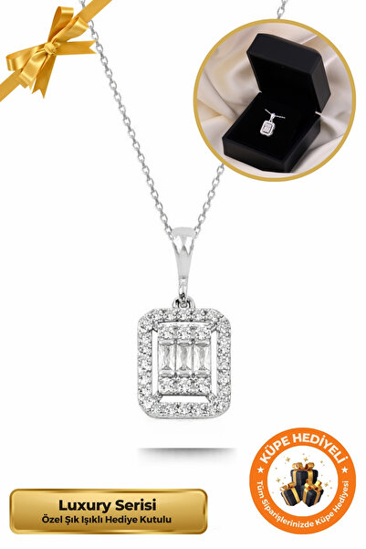 Lucente Jewellery Işıklı Hediye Kutulu Baget Taşlı 925 Ayar Gümüş Kaplama Tek Taş Pırlanta Modeli Yılbaşı Kadın Kolye