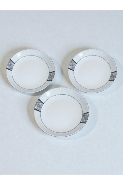WDA 3ps. Elegant White Ceramic Plate & Bowl Set with Silver Pattern