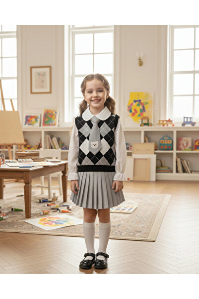 My Lusa baby wear Beren |   Tricotaj pentru fete set cu vestă Set elegant cămașă și cravată și fustă plisată Combinație clasică 2-5 ani