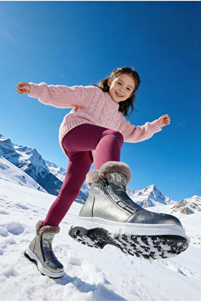 EPTC Cizme pentru fetiță din shearling gri închis platină cu fermoar dublu la...