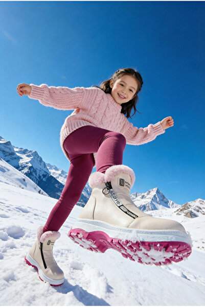 EPTC حذاء بناتي من الفرو بسحاب جانبي ونعل سميك غير قابل للانزلاق باللون الورد...