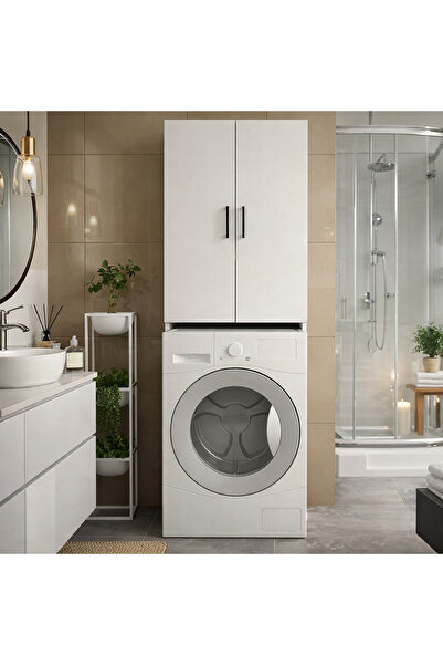 Dekorister Ternos Çok Amaçlı Çamaşır Makinesi Dolabı 3 Raflı Kapaklı Banyo Do...