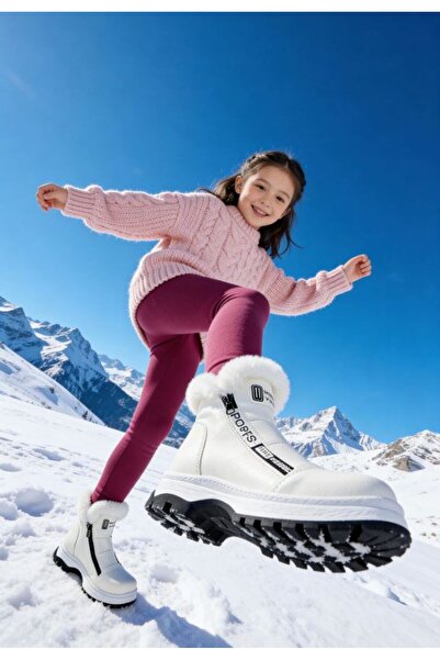 EPTC Cizme albe din shearling pentru fetiță, cu fermoar dublu lateral, anti-a...