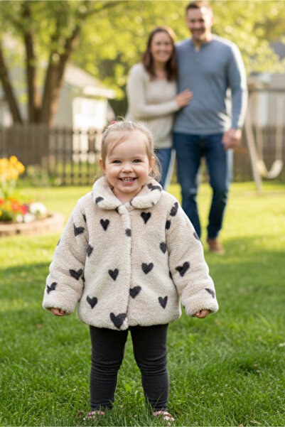 DOFİ Kadın 1659 Bebek Peluş Mont – Bej, Kalp Desenli, Çıtçıtlı, Yumuşak ve Sıcak