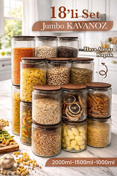 naturelove 18'li Mega Cam Kavanoz Seti Akasya Vakum Kapaklı Çizgili Erzak Un ...