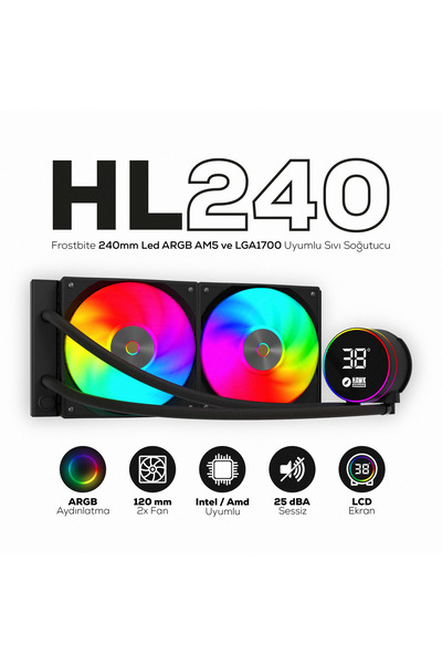 Hawk Gaming HL240 Frostbite 240mm Led ARGB AM5 ve LGA1700 Uyumlu Siyah Sıvı S...