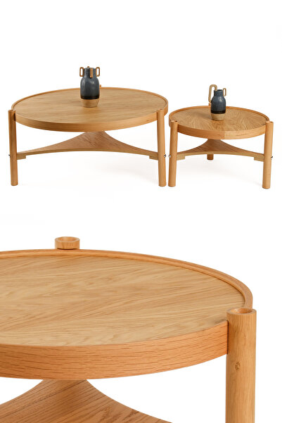 Eymense Clover Meşe Yan Sehpalı İkili Orta Sehpa