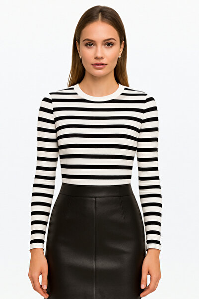 MİO ESTİLO Novelle Bisiklet Yaka Uzun Kol Fitilli Bluz