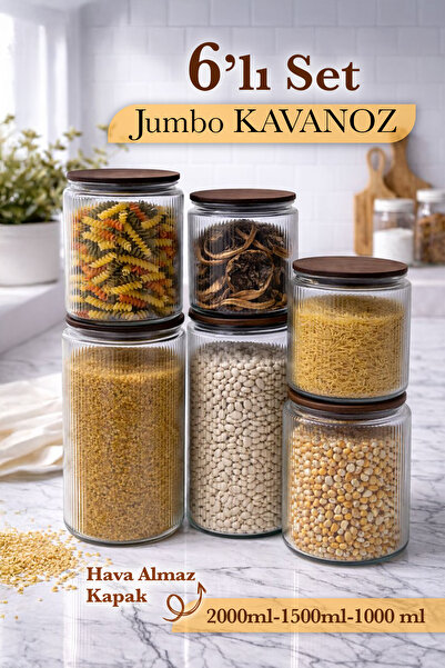 naturelove 6'lı Cam Kavanoz Seti – Akasya Vakum Kapaklı Çizgili Erzak Un Bakliyat Saklama Kabı 2x(1-1,5-2Lt)